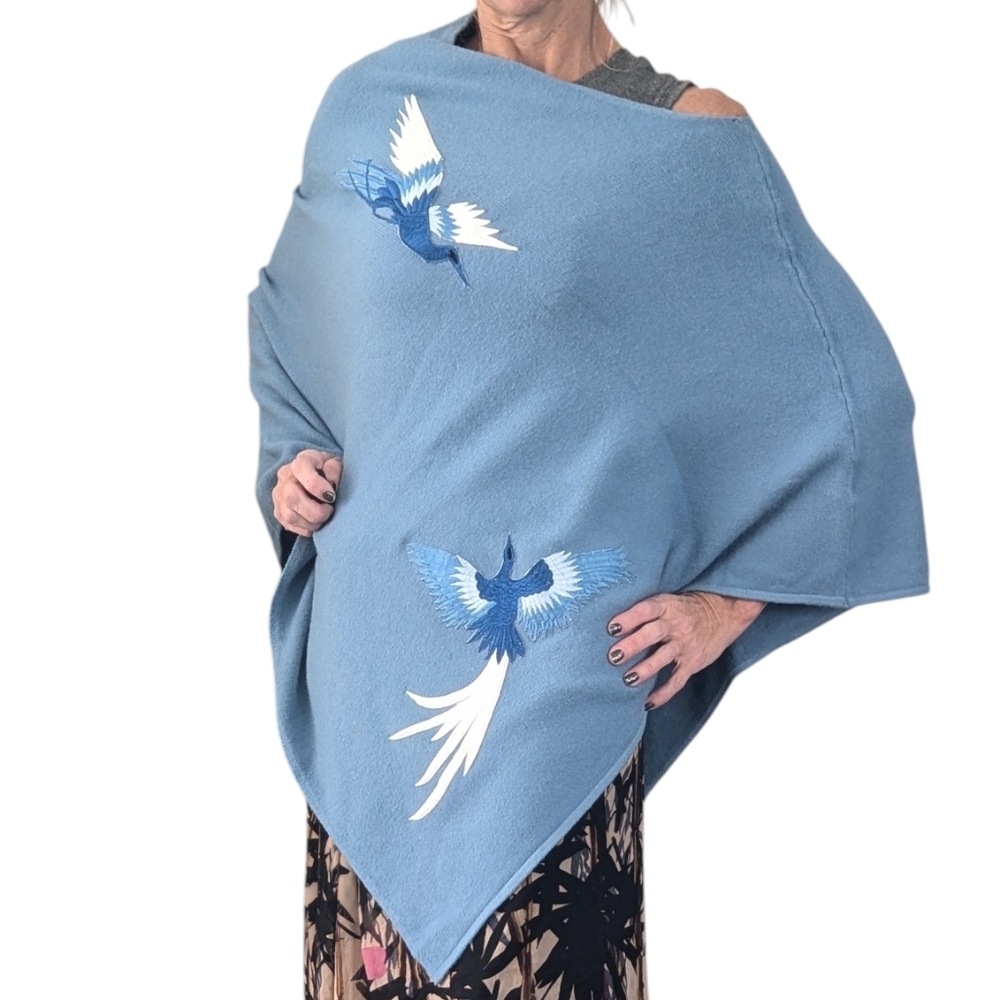 La Fiorentina Blue Bird Embroidered Knit Poncho Wrap Ruana Cape OS